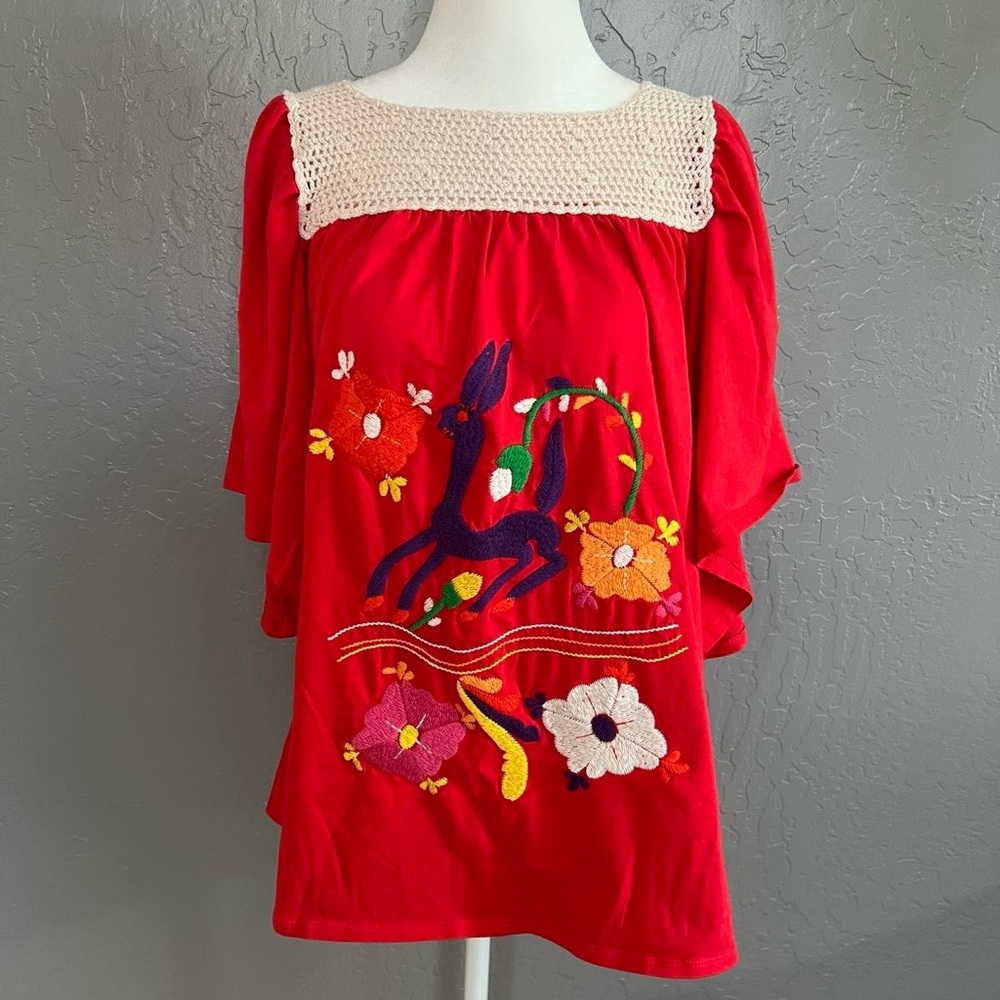 Women’s Red Embroidered Peasant Top with Crochet Yoke